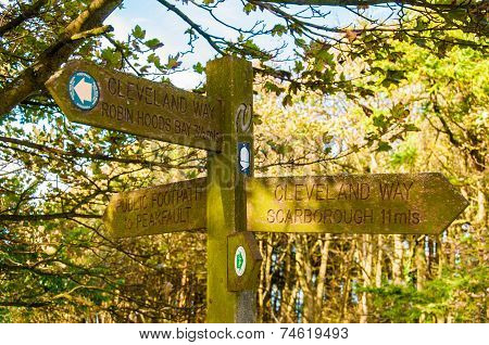Closeup on tourist Sign posts in village of Ravenscar UK.