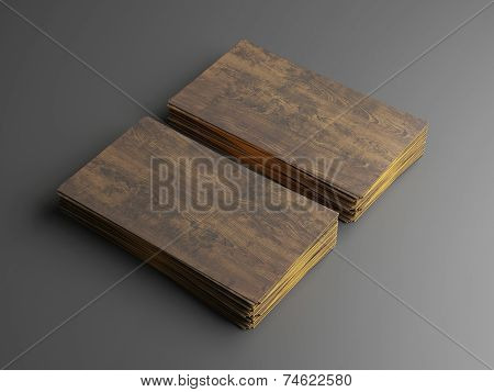 Dark Wood Business Cards On Gray Background