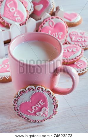 Pink Cup With Milk And Homemade Cookies