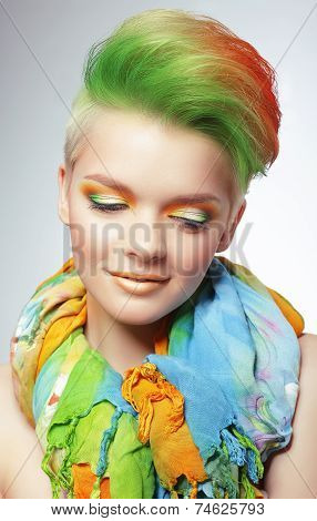 Woman With Vivid Multicolored Bob Haircut And Bright Makeup