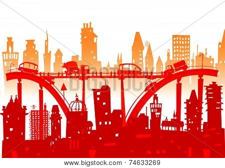 City roads and motorways with lots of traffic. Commuting time illustration