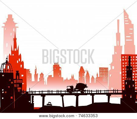 City roads and motorways with lots of traffic. Commuting time illustration