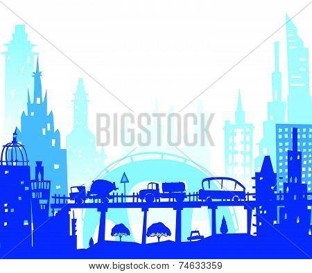 City roads and motorways with lots of traffic. Commuting time illustration
