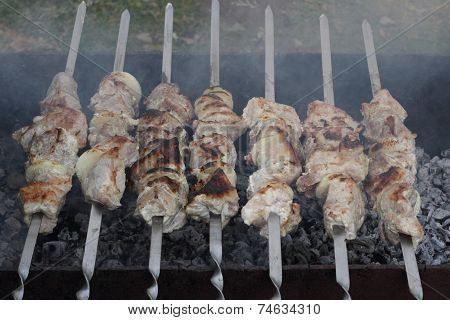Shish Kebab On The Skewers In The Smoke