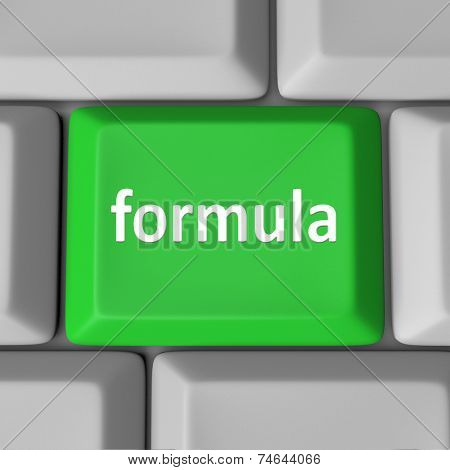 Formula word on computer keyboard key to illustrate a solution to a problem in a spreadsheet program or other application software