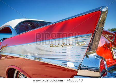 Tail Fin Of A Red 1957 Chevrolet Bel Air Classic Car