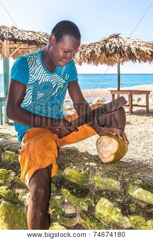 Young man cutting coconuts on Playa San Rafael, Dominican Republic
