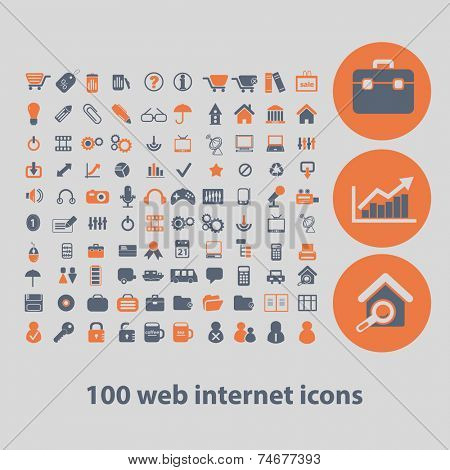 100 web internet icons, signs, illustrations, vector, set