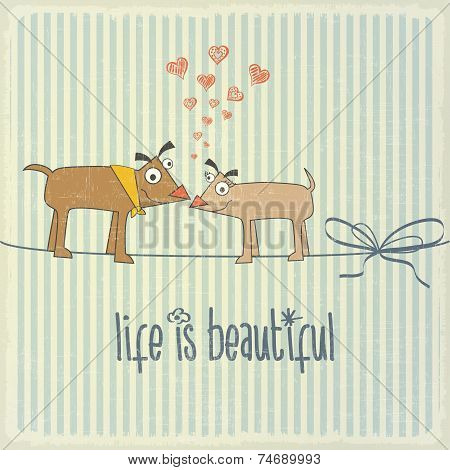 Retro Illustration With Happy Couple Dogs In Love And Phrase 