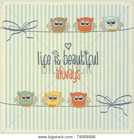 Retro Illustration With Happy Owls And Phrase 