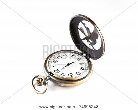 Pocket Watch With An Open Cover On A White Background.