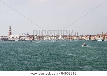 Doges Palace, Quays And Water Traffic In Summer Venice