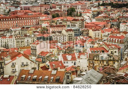 Birdseye sightseeing view of old downtown of Lisbon, Portugal