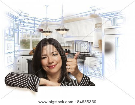 Happy Hispanic Woman with Thumbs Up and Custom Kitchen Drawing and Photo Behind on White.