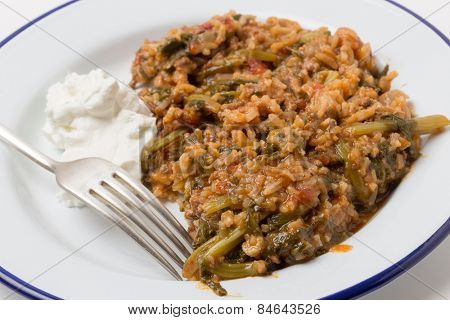 Traditional Turkish and East Mediterranean home-cooked minced beef and spinach, kymali ispanak, a popular comfort food.