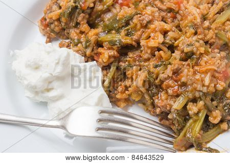Traditional Turkish and East Mediterranean home-cooked minced beef and spinach, kymali ispanak, a popular comfort food.