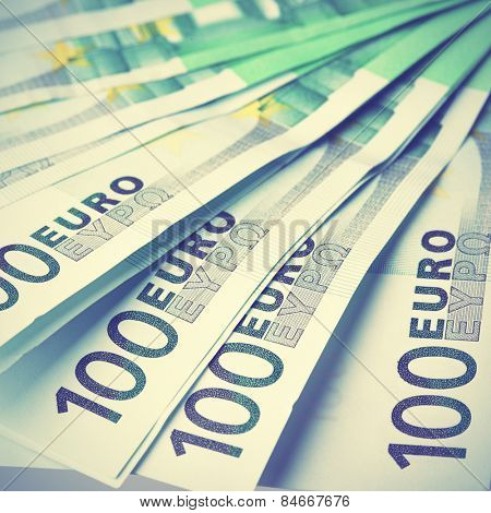Euro banknotes close-up. Retro style filtred image