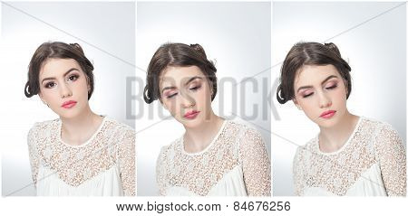 Hairstyle and make up - beautiful young girl art portrait with closed eyes. Genuine natural brunette