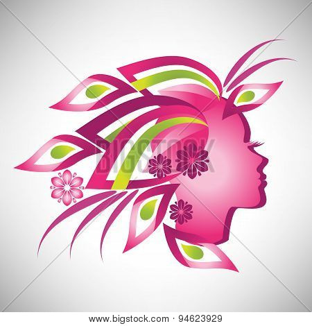 Vector illustration of abstract Beautiful stylized woman pink silhouette in profile with floral hair
