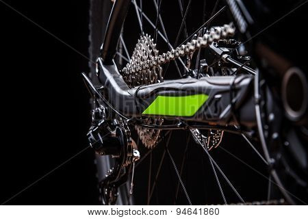 close-up of a mountain bike, studio shot.