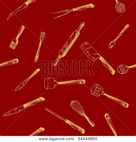 Hand drawn Kitchen Utensils Set pattern