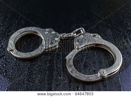 Police Handcuffs In The Drops Of Rain