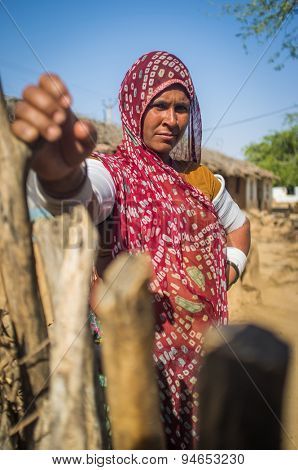 GODWAR REGION, INDIA - 13 FEBRUARY 2015: Rabari tribeswoman in sari decorated with traditional upper-arm bracelets holds gate of stable. Rabari or Rewari are an Indian community from Gujarat.
