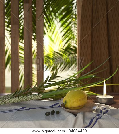 Symbols of the Jewish holiday Sukkot with palm leaves and candle