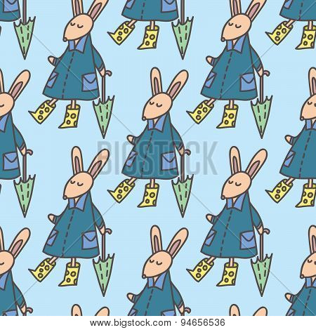 Funny Rabbit with umbrella seamless vector pattern