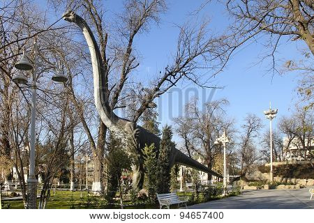 Ashgabat, Turkmenistan - December 23, 2014.  Realistic Model Of  Dinosaur In The Central Park.