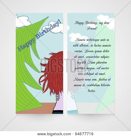 Designe greeting card with women in the wood.