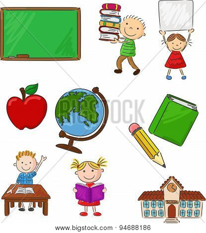 Cartoon assorted school supplie and activitie