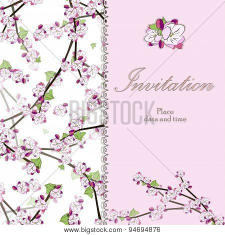 Vintage floral invitation card with blooming twig