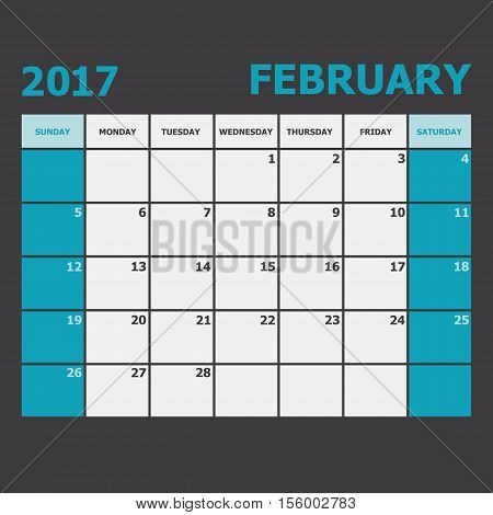 February 2017 calendar week starts on Sunday, stock vector