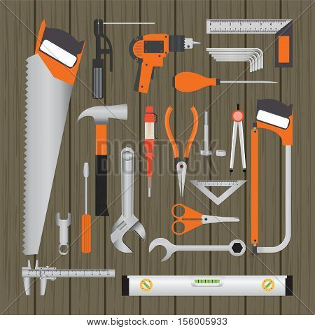 Repair and construction working tools on wooden background equipment flat design vecter illustration.