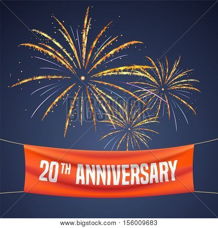 20 years anniversary vector illustration banner flyer logo icon symbol invitation. Graphic design element with fireworks for 20th anniversary birthday greeting event celebration