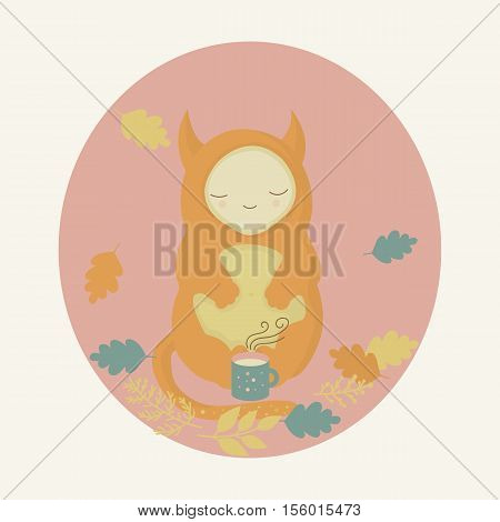 Cute orange monster and mug of tea in autumn forest.