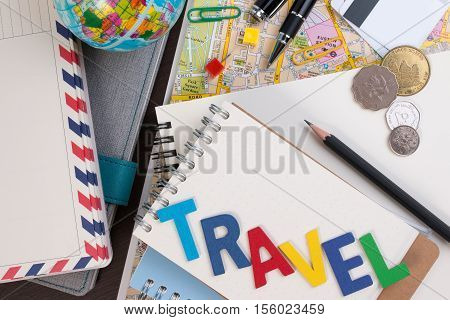 Travel Planning With Travel Word Alphabet. Template With Planning Items On Traveler Workplace. Plann