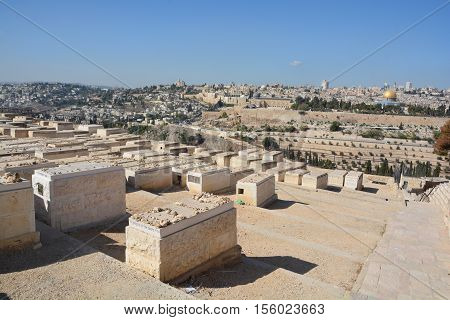 JERUSALEM ISRAEL 23 10 16: Jewish Cemetery on the Mount of Olives, including the Silwan necropolis is the most ancient cemetery in Jerusalem. Burial on the Mount of Olives started some 3,000 years ago