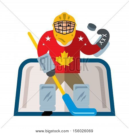 The sportsman in protective garb at the gate with a stick catches the puck. Isolated on a white background