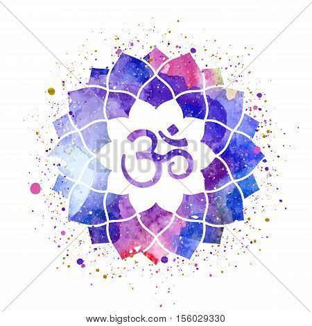 Om sign in lotus flower. Rainbow watercolor texture and splash. Vector isolated. Spiritual Buddhist Hindu symbol