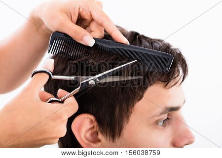 Happy Young Man Getting Haircut From Hairdresser