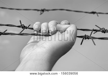 hand taking barbwire in the prison with sky in background