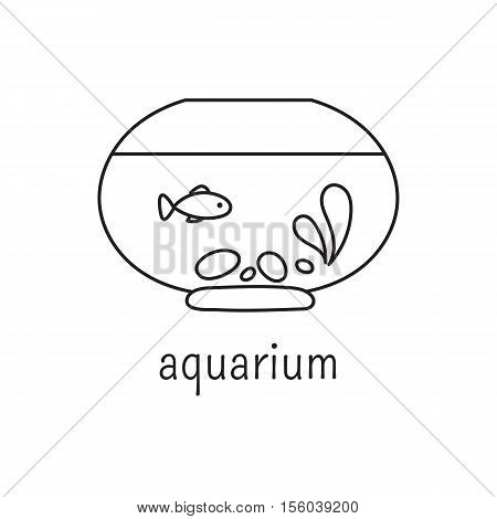 Hand drawn thin line icon, vector logo template illustration. Aquarium care isolated symbol. Fish in the water tank. Black on white pictogram. Simple mono linear modern design.