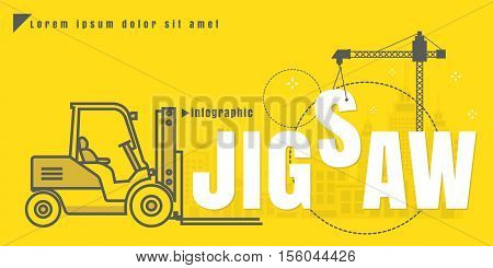 infographic Vector creative illustration of growth text forklift city building crane on yellow background. concept. Thin line art style design of startup service