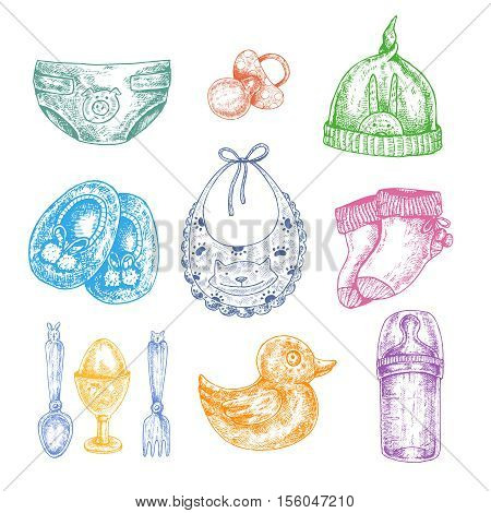 Baby newborn clothing in hand drawn style. Isolated vector illustration