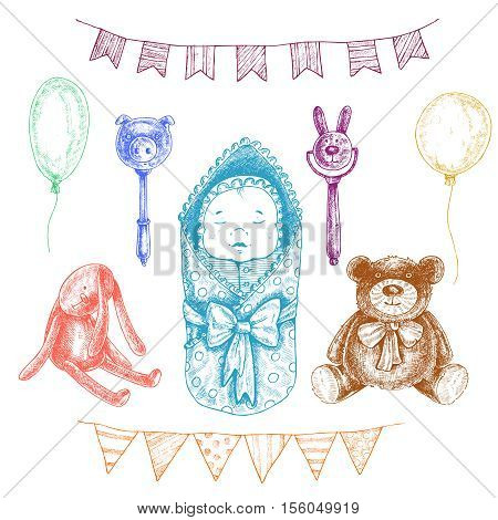 Baby newborn toys in hand drawn style. Isolated vector illustration