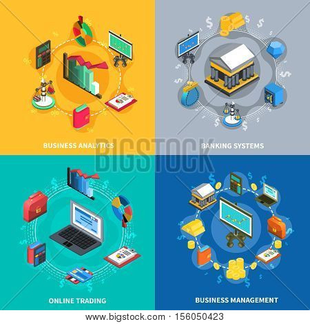 Business management analytics online trading systems with financial banking symbols signs 4 icons square isolated vector illustration
