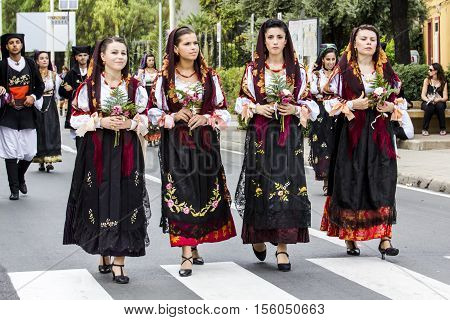 SELARGIUS, ITALY - September 13, 2015: Former marriage Selargino - Sardinia - group of beautiful girls in traditional Sardinian costume