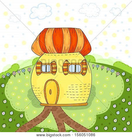 Fairytale colorful cute house in cartoon style - cute postcard. Vector hand drawn illustration. Printable template